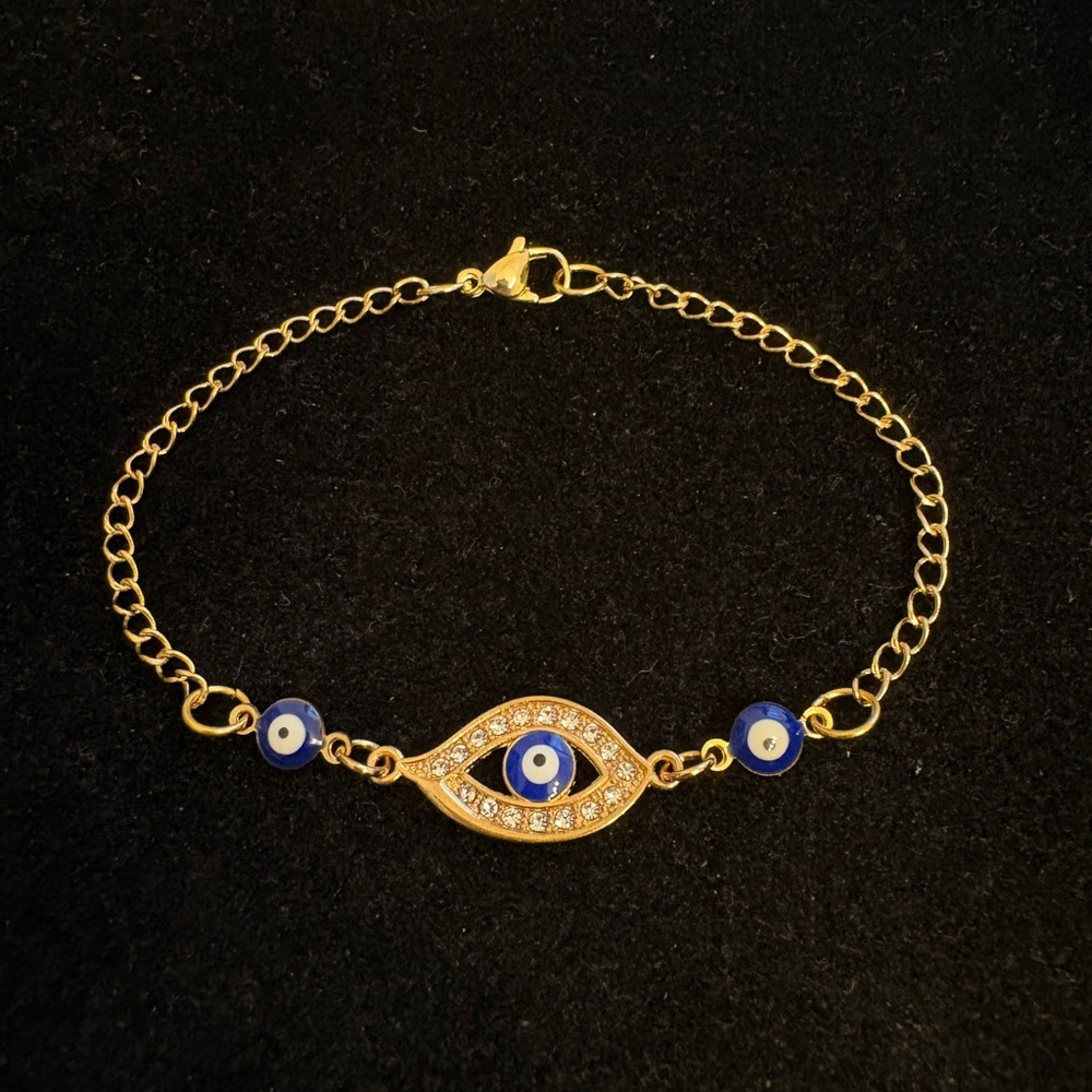Gold-Tone Rhinestone Evil Eye Chain Bracelet with Blue evil eye charms